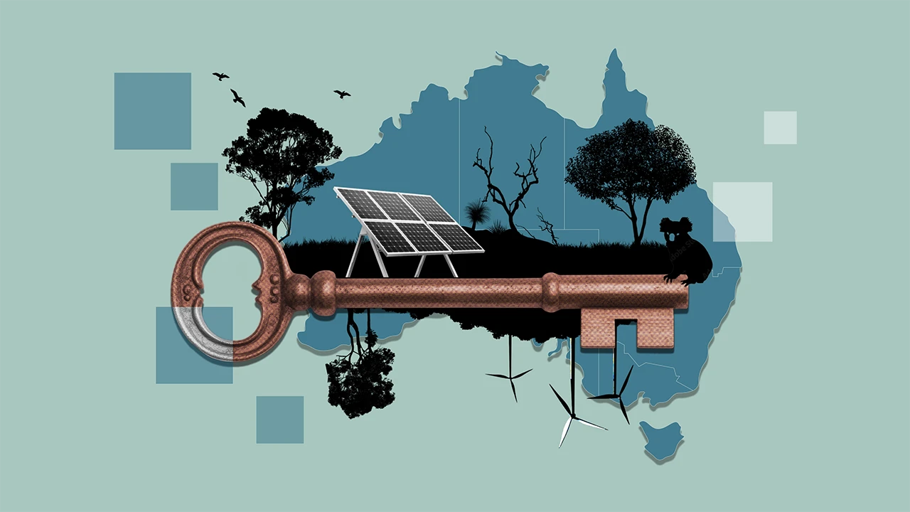 Collage featuring a brass key overlayed on a map shape of Australia. Out of the key grows trees and wildlife and solar panels and wind turbines together.